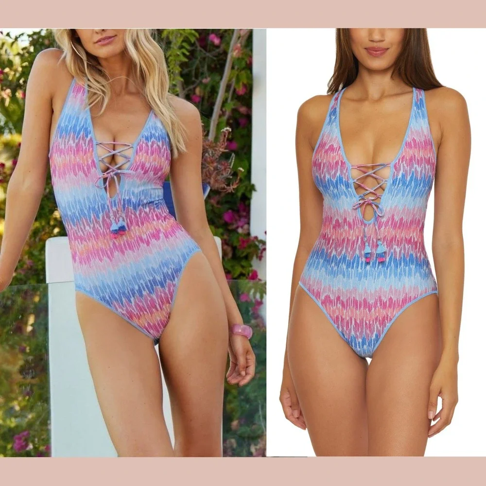 NWT $158 BECCA [ Medium ]‎ Glittery Joshua Tree Corset One Piece Swimsuit T1968
